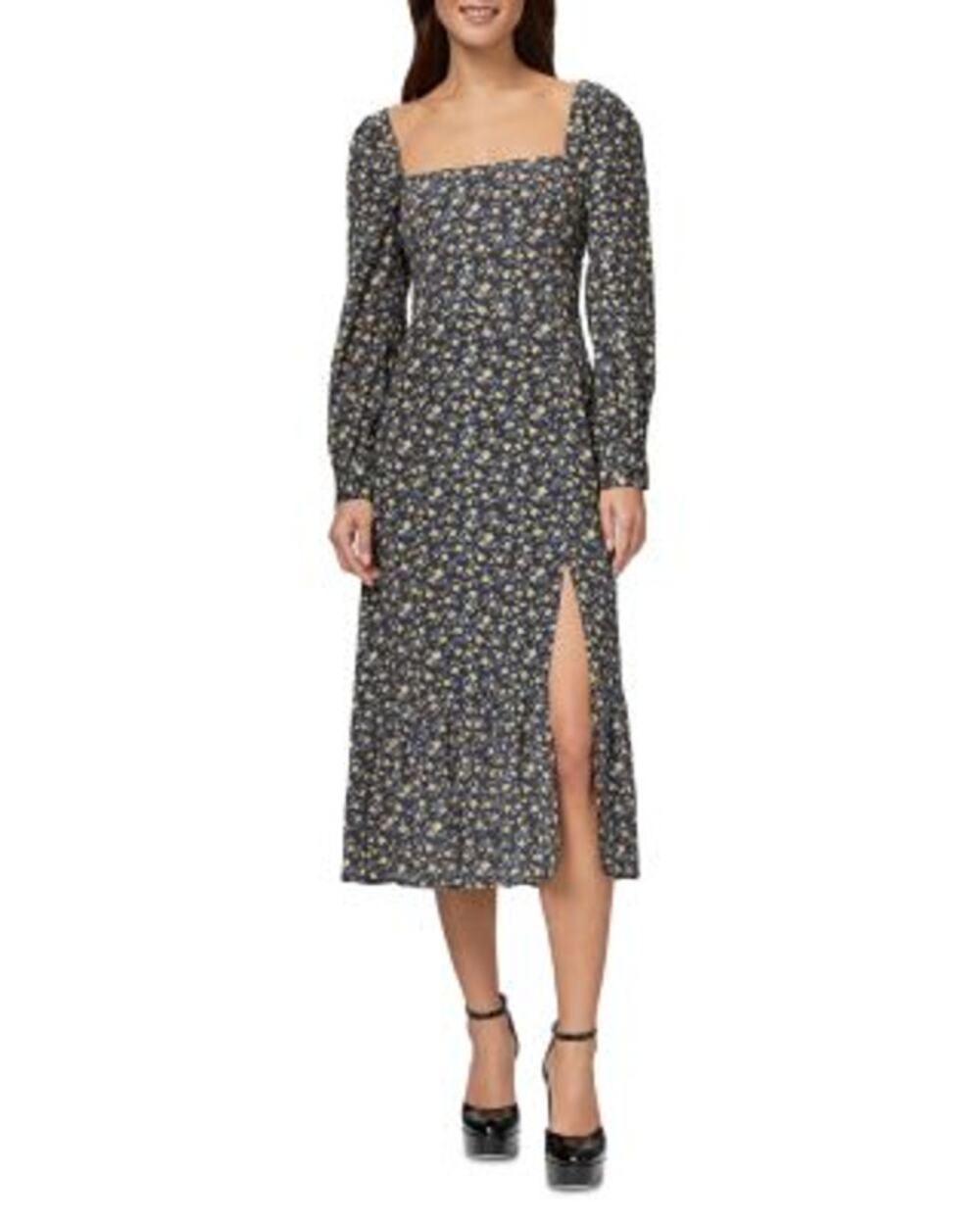 PAIGE Bacari Floral Midi Dress Blue Yellow Square Neck Smocked Long Sleeve Sz XL